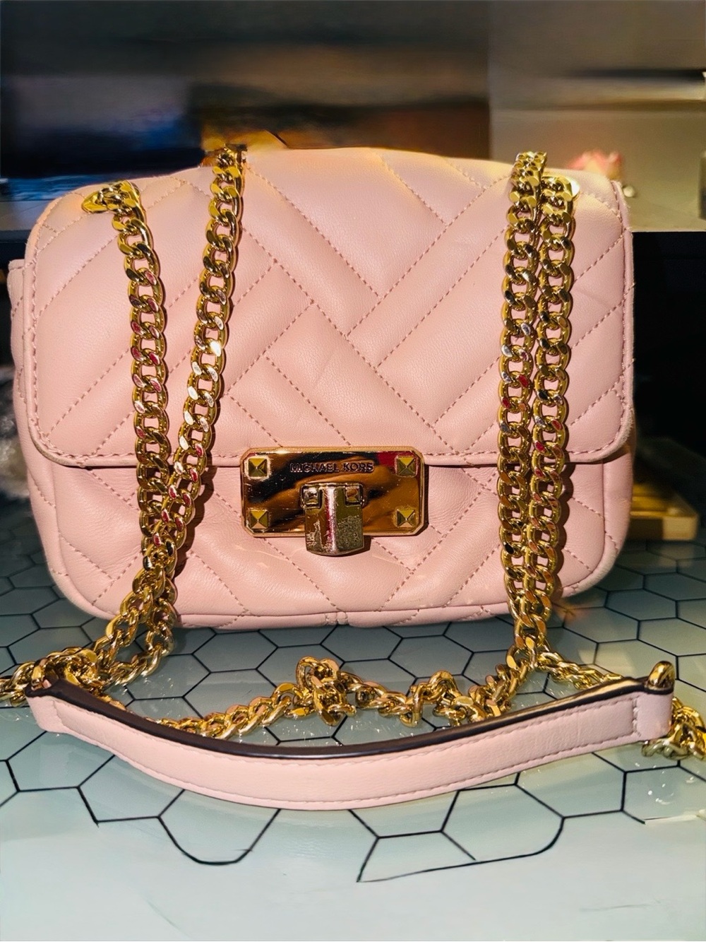 Michael Kors Blush Quilted Leather Crossbody with Gold Chain